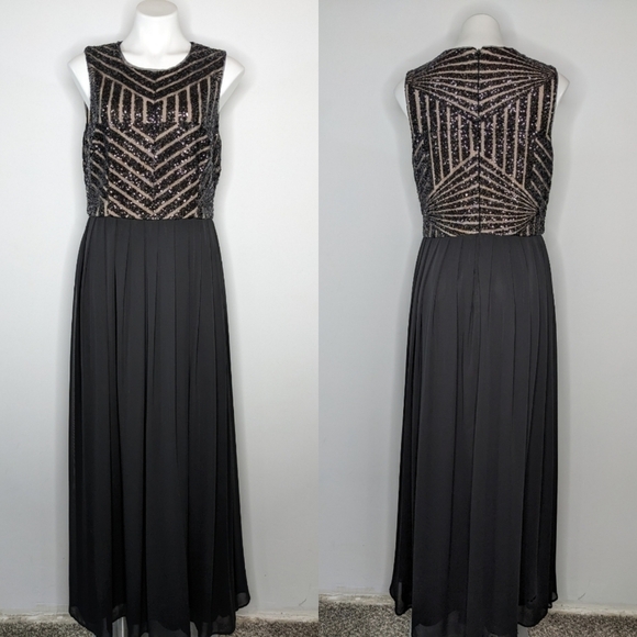 Xscape black tan sequin & chiffon maxi dress gown 14 - Picture 1 of 11